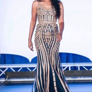 Navy and Gold Striped Mermaid Maxi Dress